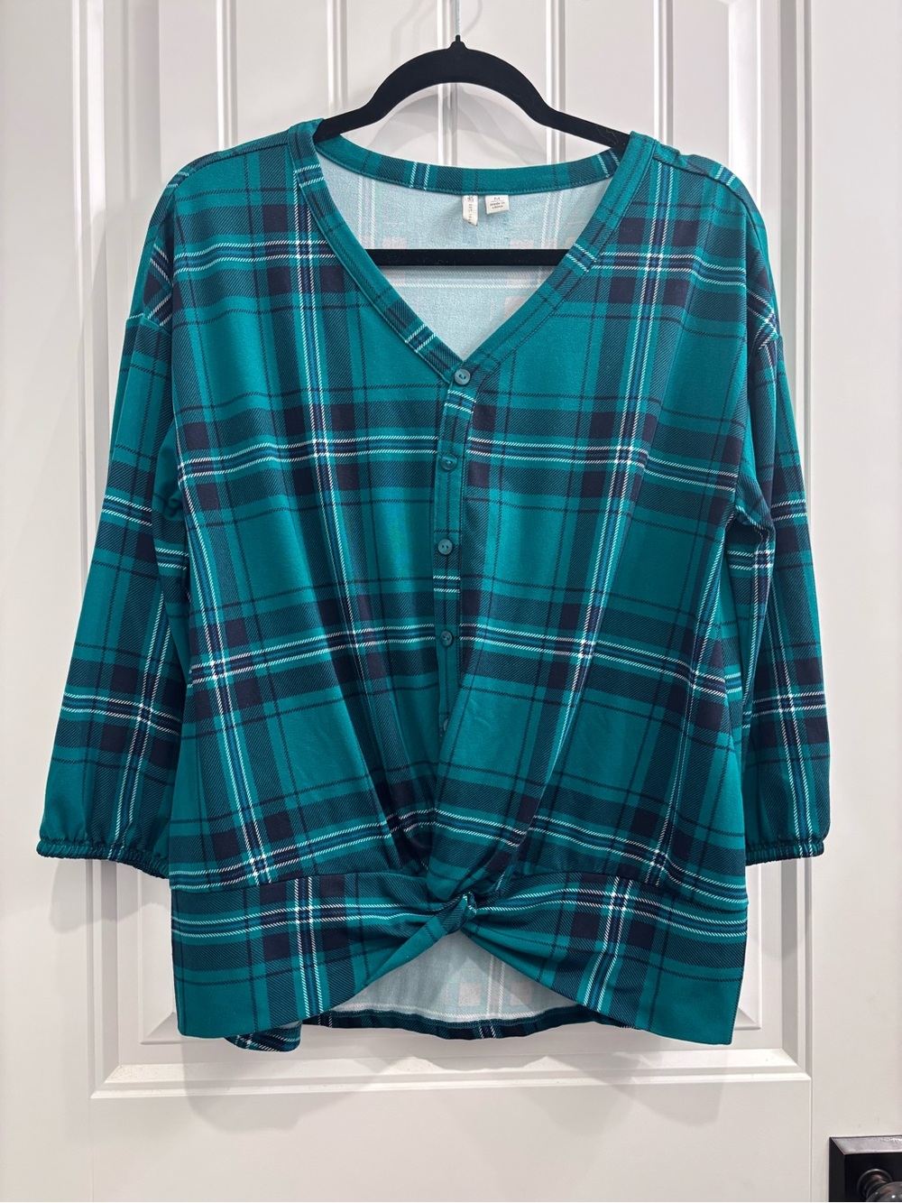 Green Plaid V-Neck Knot Front Women's Top